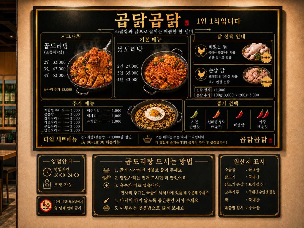 곱닭곱닭 전체 메뉴판 - 곱도리탕, 닭도리탕, 추가 메뉴, 맵기 선택, 원산지 표시